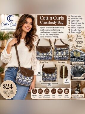 Brown Leather-Trim Crossbody Bag with Blue Elephant Print